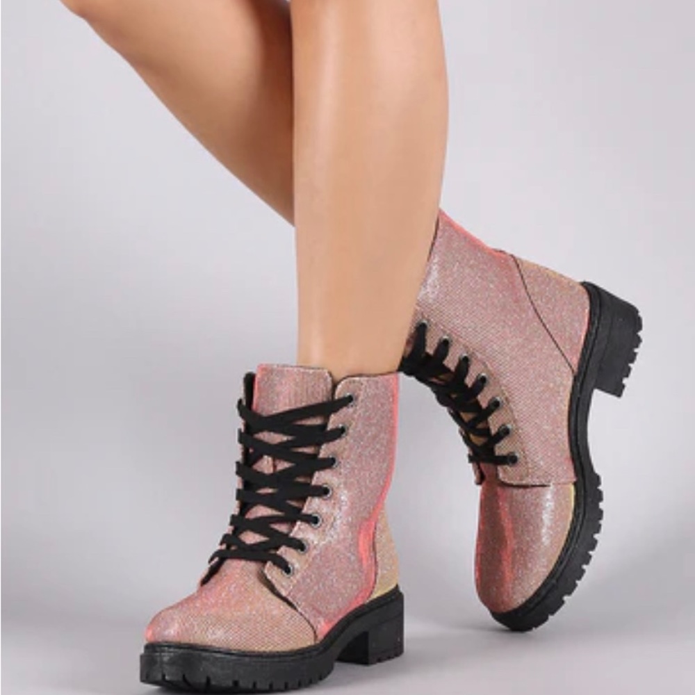 PINK GLITTER COMBAT BOOTS
